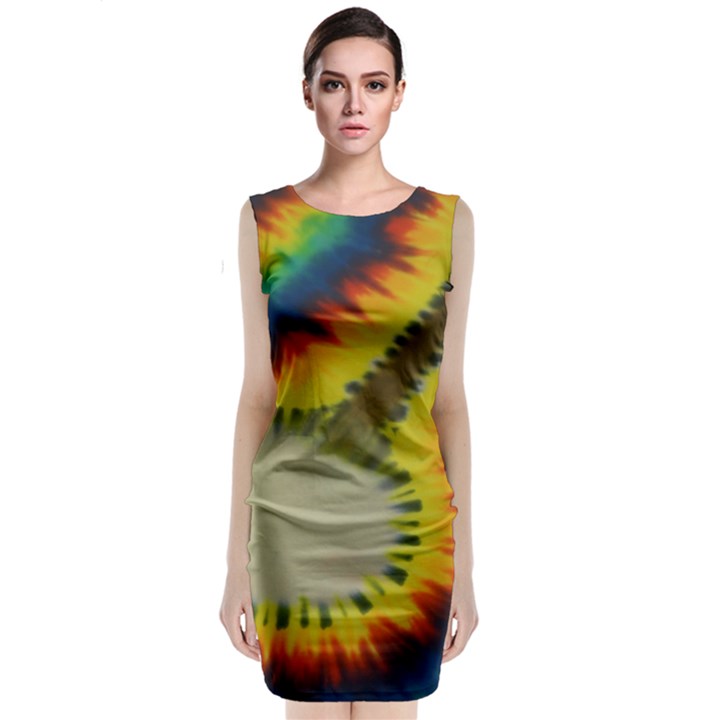 Red Blue Yellow Green Medium Rainbow Tie Dye Kaleidoscope Opaque Color Classic Sleeveless Midi Dress