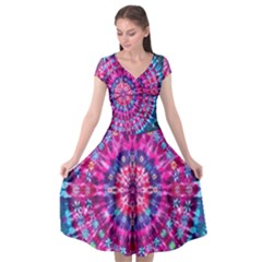 Red Blue Tie Dye Kaleidoscope Opaque Color Circle Cap Sleeve Wrap Front Dress by Mariart