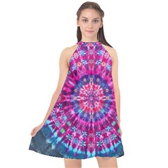 Red Blue Tie Dye Kaleidoscope Opaque Color Circle Halter Neckline Chiffon Dress  by Mariart