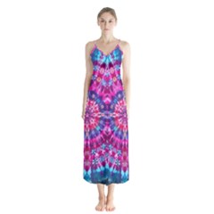 Red Blue Tie Dye Kaleidoscope Opaque Color Circle Button Up Chiffon Maxi Dress