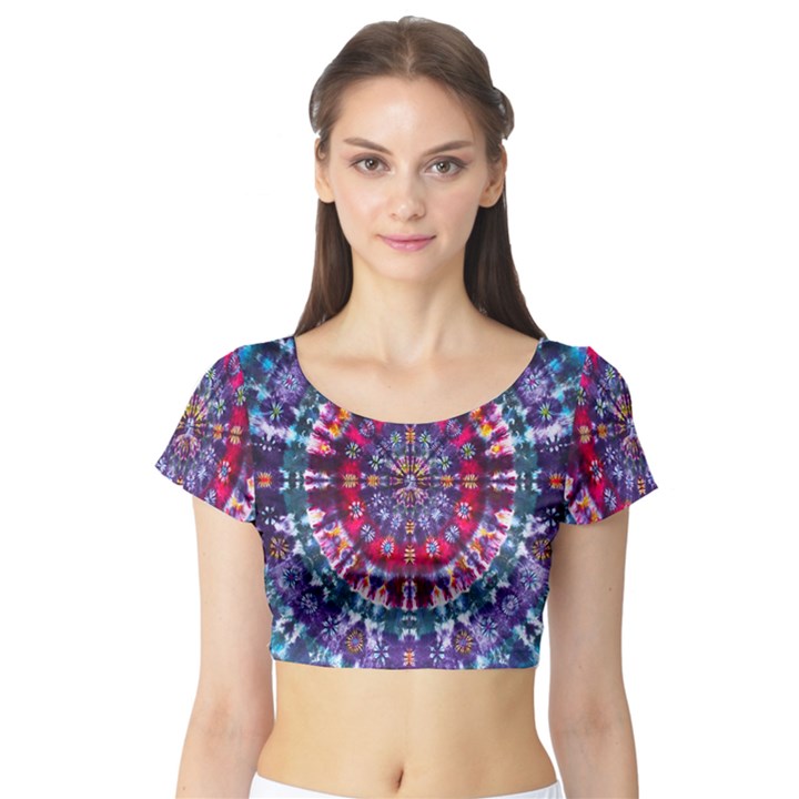 Red Purple Tie Dye Kaleidoscope Opaque Color Short Sleeve Crop Top (Tight Fit)