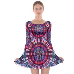 Red Purple Tie Dye Kaleidoscope Opaque Color Long Sleeve Skater Dress