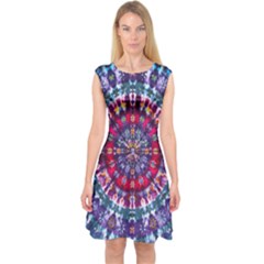 Red Purple Tie Dye Kaleidoscope Opaque Color Capsleeve Midi Dress