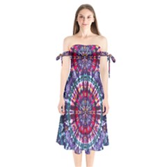 Red Purple Tie Dye Kaleidoscope Opaque Color Shoulder Tie Bardot Midi Dress