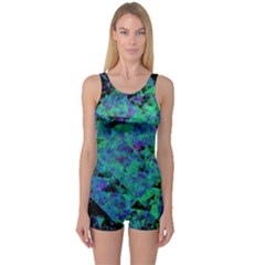 Blue And Green Tiles On Black Background One Piece Boyleg Swimsuit