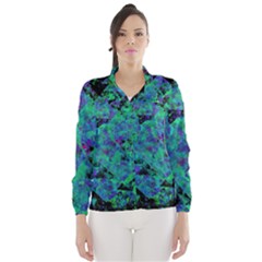 Blue And Green Tiles On Black Background Wind Breaker (women) by traceyleeartdesigns