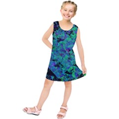 Blue And Green Tiles On Black Background Kids  Tunic Dress by traceyleeartdesigns