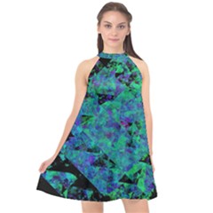 Blue And Green Tiles On Black Background Halter Neckline Chiffon Dress 