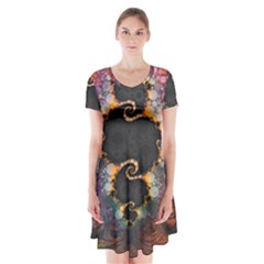 The Eye Of Julia, A Rainbow Fractal Paint Swirl Short Sleeve V-neck Flare Dress by jayaprime