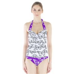 Gray & Purple Butterfly Pattern Halter Swimsuit by PattyVilleDesigns