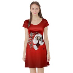 Funny Santa Claus  On Red Background Short Sleeve Skater Dress by FantasyWorld7