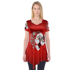 Funny Santa Claus  On Red Background Short Sleeve Tunic  by FantasyWorld7