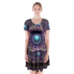 Beautiful Turquoise And Amethyst Fractal Jewelry Short Sleeve V-neck Flare Dress by jayaprime