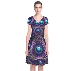 Beautiful Turquoise And Amethyst Fractal Jewelry Short Sleeve Front Wrap Dress by jayaprime