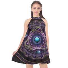 Beautiful Turquoise And Amethyst Fractal Jewelry Halter Neckline Chiffon Dress 