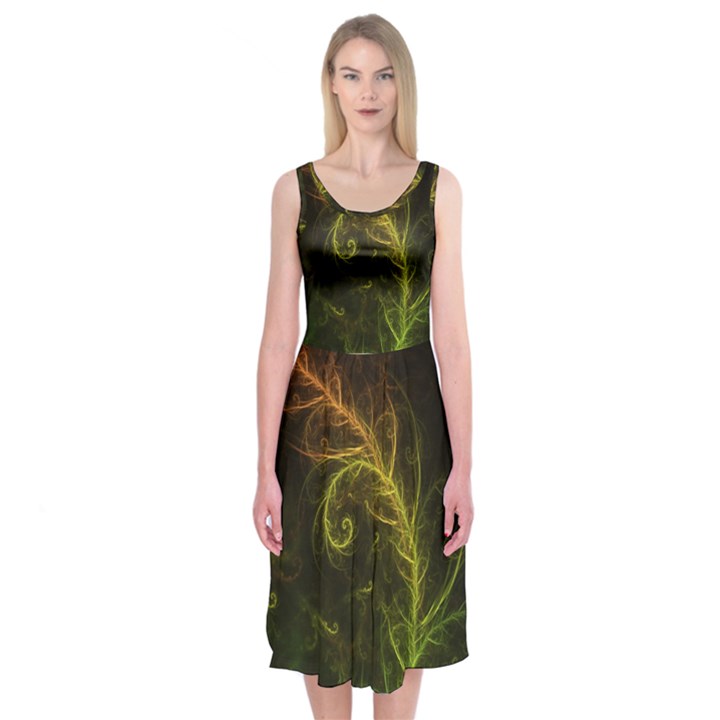 Fractal Hybrid Of Guzmania Tuti Fruitti and Ferns Midi Sleeveless Dress