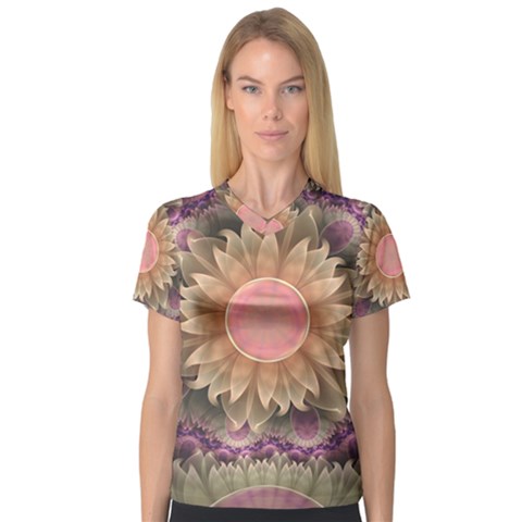 Pastel Pearl Lotus Garden Of Fractal Dahlia Flowers Women s V-neck Sport Mesh Tee by jayaprime