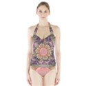 Pastel Pearl Lotus Garden of Fractal Dahlia Flowers Halter Swimsuit View1