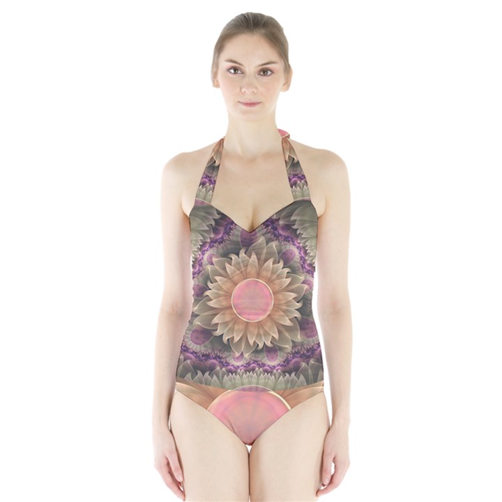 Pastel Pearl Lotus Garden of Fractal Dahlia Flowers Halter Swimsuit