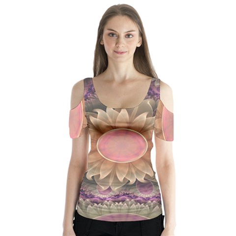 Pastel Pearl Lotus Garden Of Fractal Dahlia Flowers Butterfly Sleeve Cutout Tee  by jayaprime