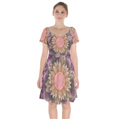 Pastel Pearl Lotus Garden Of Fractal Dahlia Flowers Short Sleeve Bardot Dress by jayaprime