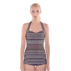 Stripy Knitted Wool Fabric Texture Boyleg Halter Swimsuit  by BangZart