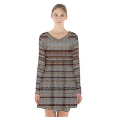 Stripy Knitted Wool Fabric Texture Long Sleeve Velvet V-neck Dress by BangZart