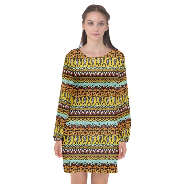 Bohemian Fabric Pattern Long Sleeve Chiffon Shift Dress 