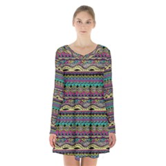 Aztec Pattern Cool Colors Long Sleeve Velvet V-neck Dress by BangZart