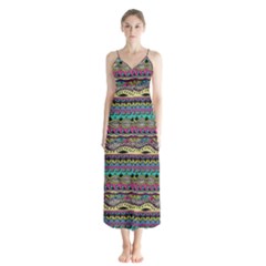 Aztec Pattern Cool Colors Button Up Chiffon Maxi Dress