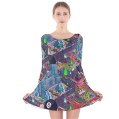 Pixel Art City Long Sleeve Velvet Skater Dress by BangZart