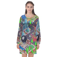 Pixel Art City Long Sleeve Chiffon Shift Dress 