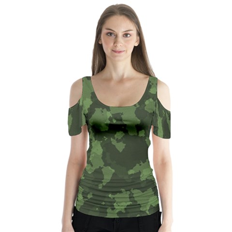 Camouflage Green Army Texture Butterfly Sleeve Cutout Tee  by BangZart