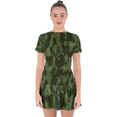 Camouflage Green Army Texture Drop Hem Mini Chiffon Dress