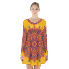 Ornate Mandala Long Sleeve Velvet V-neck Dress by Valentinaart