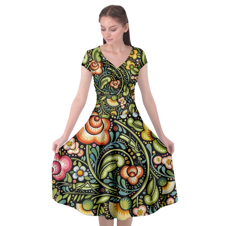 Bohemia Floral Pattern Cap Sleeve Wrap Front Dress