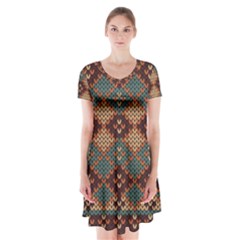 Knitted Pattern Short Sleeve V-neck Flare Dress by BangZart