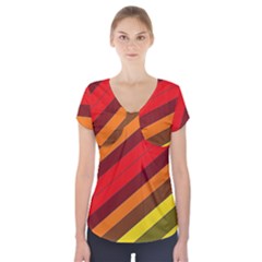 Abstract Bright Stripes Short Sleeve Front Detail Top by BangZart