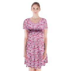 Abstract Pink Squares Short Sleeve V-neck Flare Dress by BangZart