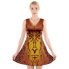 Lion Man Tribal V-neck Sleeveless Skater Dress by BangZart