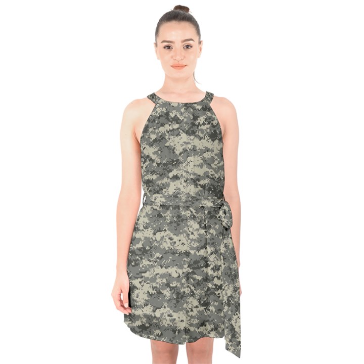 Us Army Digital Camouflage Pattern Halter Collar Waist Tie Chiffon Dress