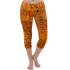 Vector Seamless Pattern With Spider Web On Orange Capri Yoga Leggings by BangZart