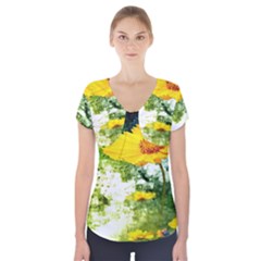 Yellow Flowers Short Sleeve Front Detail Top by BangZart