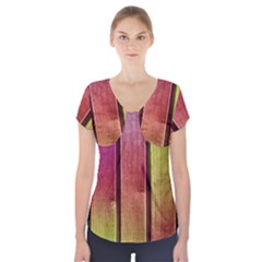 Colourful Wood Painting Short Sleeve Front Detail Top by BangZart