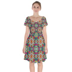 Jewel Tiles Kaleidoscope Short Sleeve Bardot Dress by WolfepawFractals