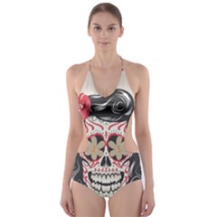 Woman Sugar Skull Cut-out One Piece Swimsuit by LimeGreenFlamingo