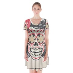 Woman Sugar Skull Short Sleeve V-neck Flare Dress by LimeGreenFlamingo