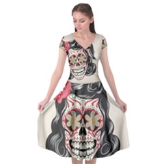 Woman Sugar Skull Cap Sleeve Wrap Front Dress