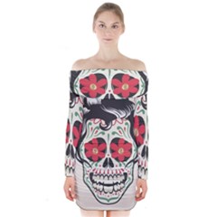 Man Sugar Skull Long Sleeve Off Shoulder Dress by LimeGreenFlamingo