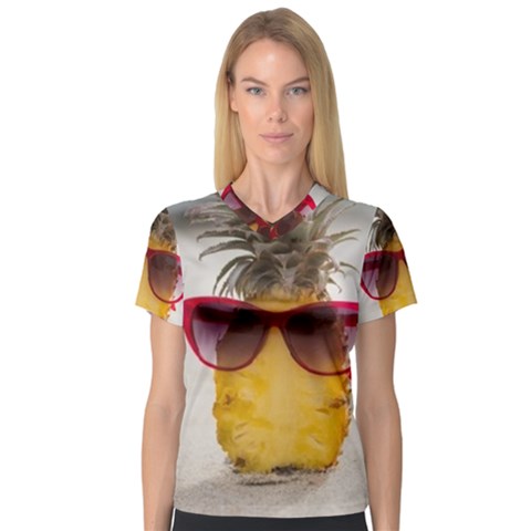 Pineapple With Sunglasses Women s V-neck Sport Mesh Tee by LimeGreenFlamingo